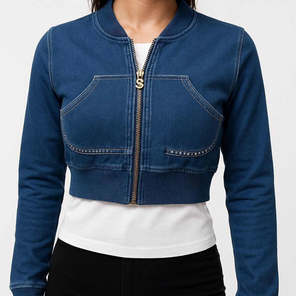 Sassy Assy Cropped Jean Jacket Zip Front Blue Stretch Denim Size Small